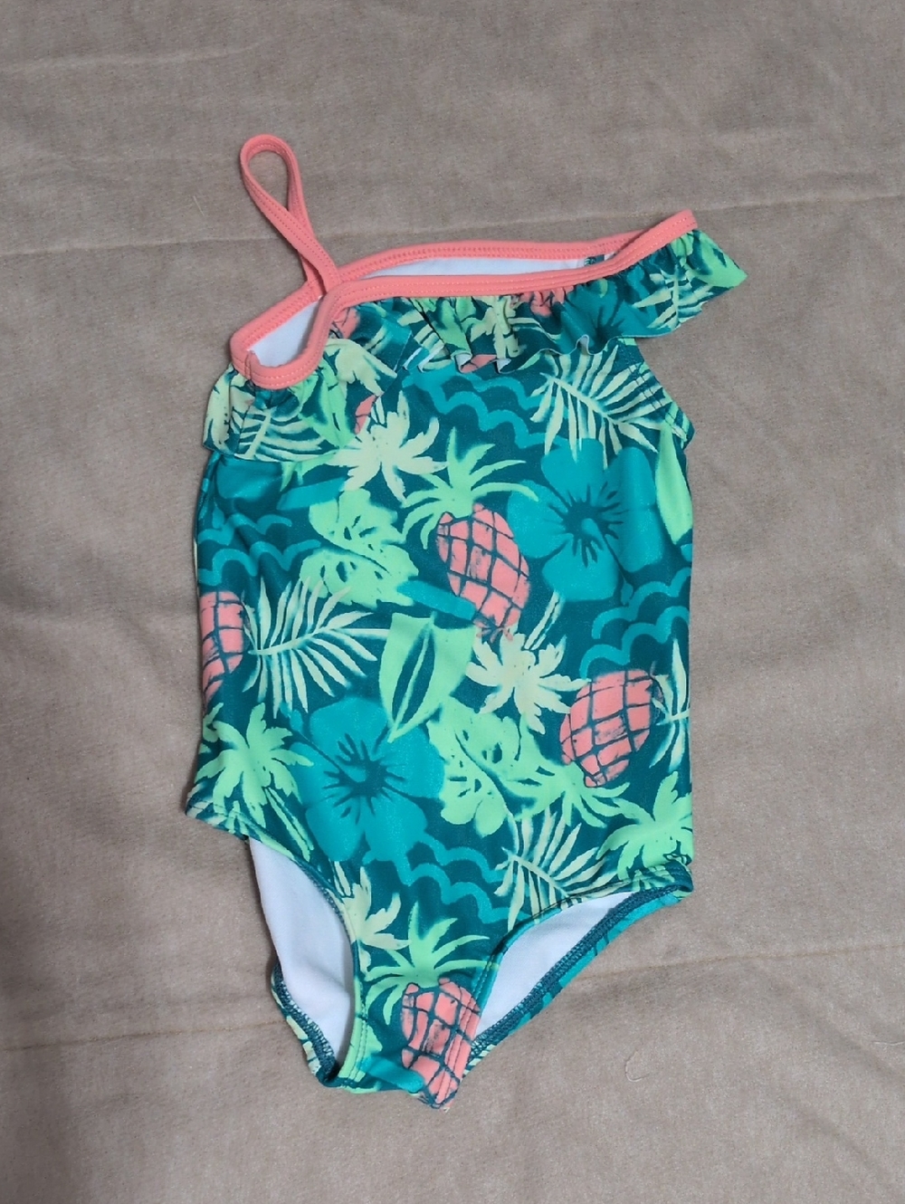 NWOT-Kids One-Shoulder Tropical Pineapple Swimsuit - Coral Trim
